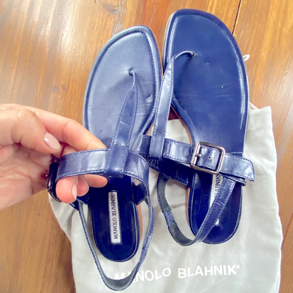 Manolo Blahnik Patent and Leather Navy Thong Buckle Sandal 37 1/2